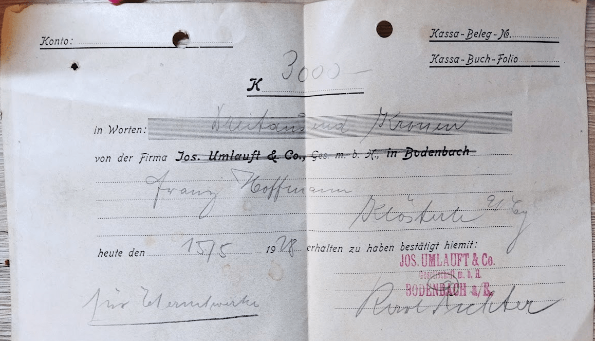 Historischer Kassenbeleg aus Bodenbach (1928): Zahlungsbestätigung für Eternitwerke